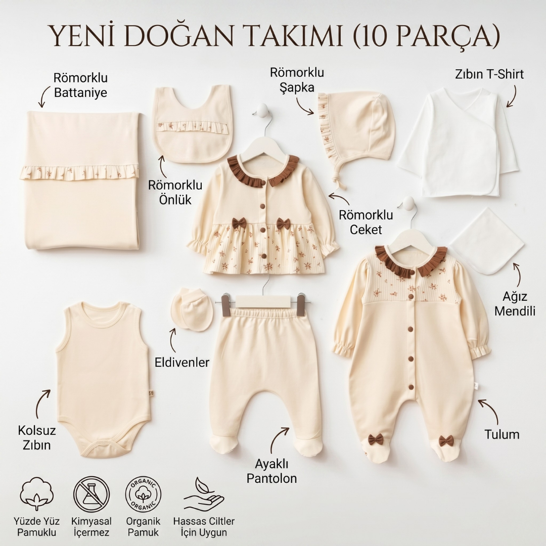 Kız Bebek Hastane Çıkış Seti, 10 Parça,%100 Organik Pamuk