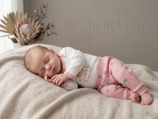 Prenses ve Kalp Baskılı Kız Bebek Takım