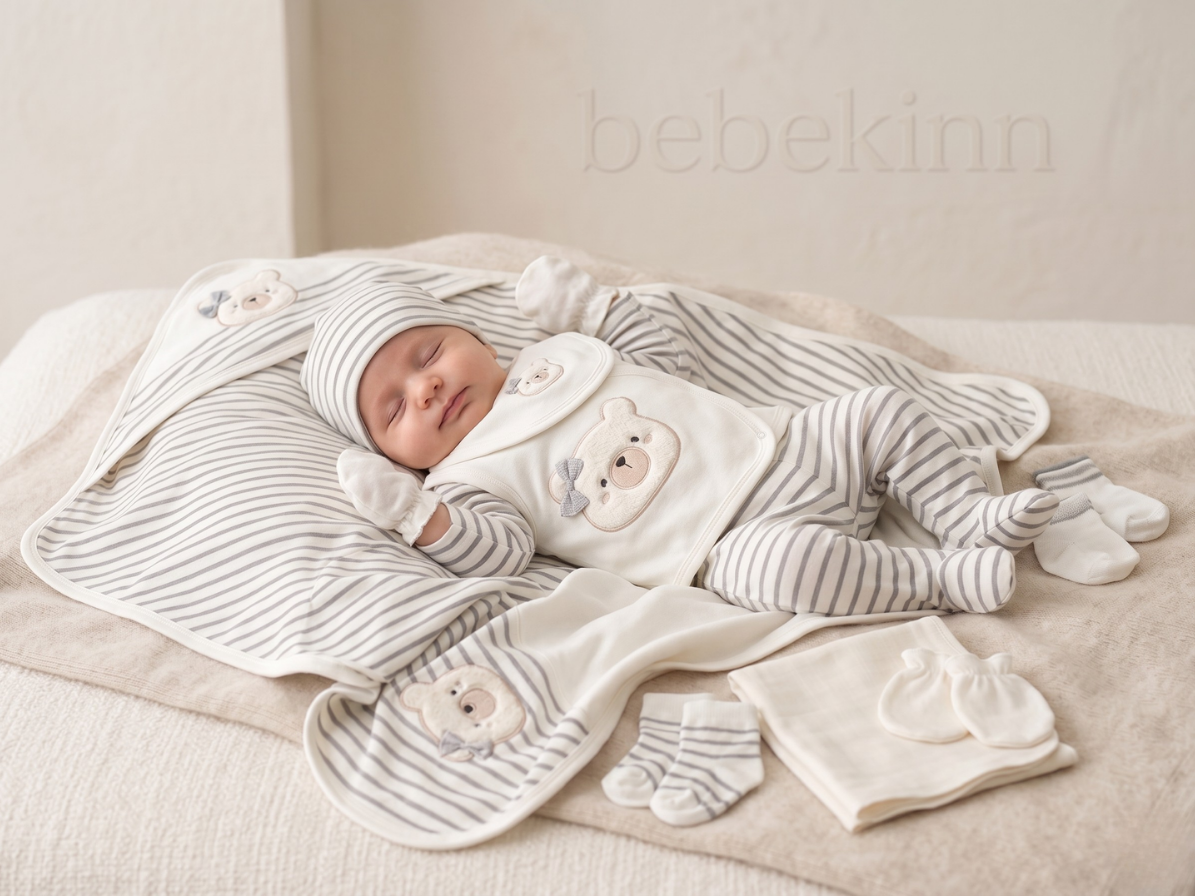 Ayıcık Nakışlı Hastane Çıkış Seti, 10 Parça, Pamuklu
