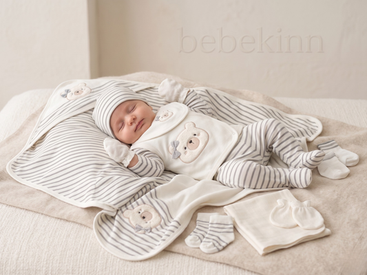 Ayıcık Nakışlı Hastane Çıkış Seti, 10 Parça, Pamuklu
