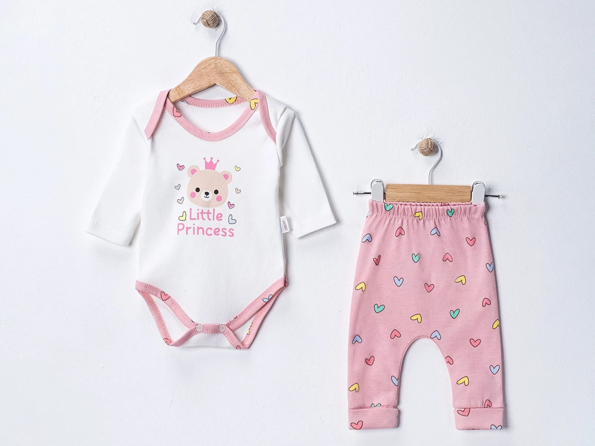 Prenses ve Kalp Baskılı Kız Bebek Takım